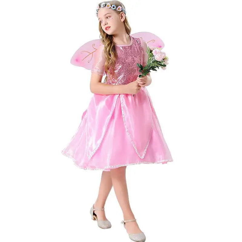 Halloween Fantasy Fairy Cosplay Costume EnfantPink Sequin Skirt Butterfly Wings Elf Princess Uniform Birthday Party Dress