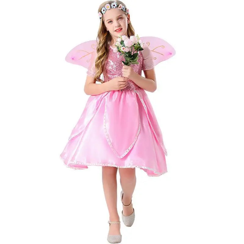Halloween Fantasy Fairy Cosplay Costume EnfantPink Sequin Skirt Butterfly Wings Elf Princess Uniform Birthday Party Dress