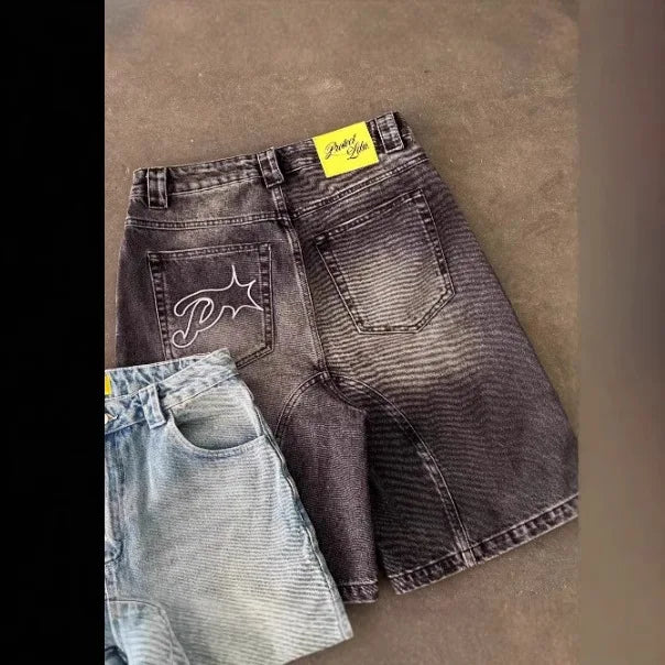 Vintage Y2k Men Women Harajuku Short Jeans Washed Embroidery American Retro Man Denim shorts Summer Loose Hip Hop Streetwear