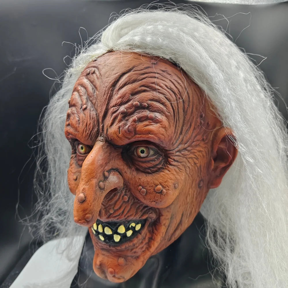 Creepy Witch Mask With Lifelike Wrinkles & Gray Hair - Halloween Scary Costume Accessory For Party/Haunted House/Cosplay