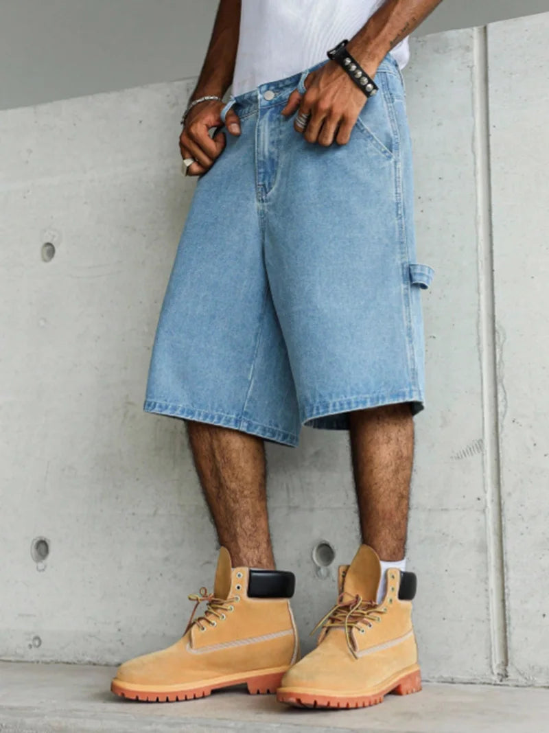 Men's Light Blue Wide-Leg Utility Denim Shorts for Summer