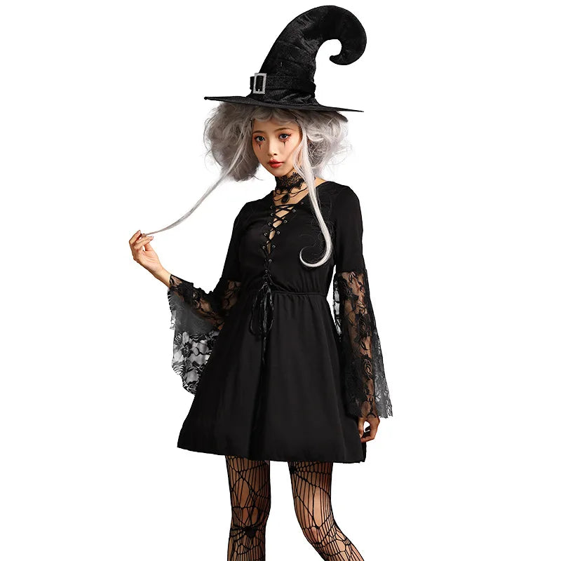 Gothic Lolita Costume for Women Halloween Witch Dress Hook Hat Dark Fantasy Sexy Long Sleeves Mesh Dress Hat Necklace 3pcs Set