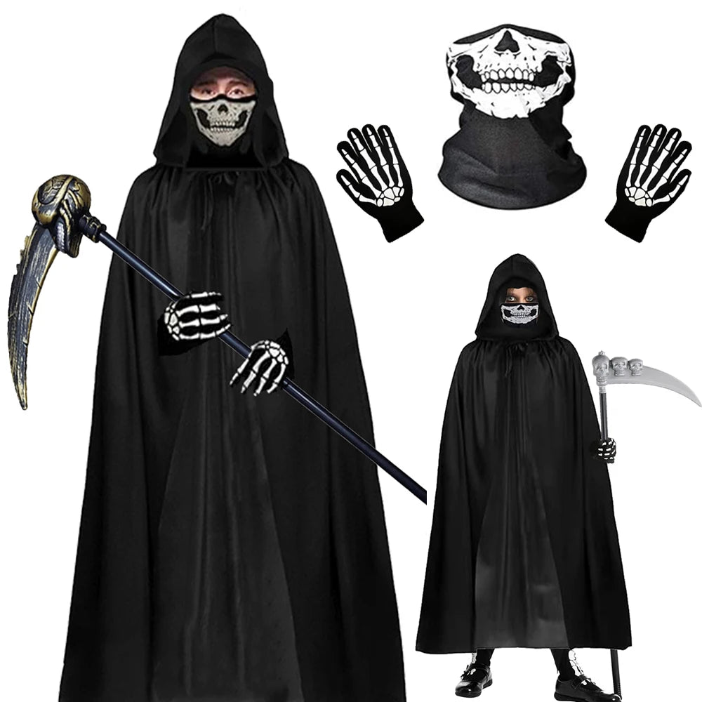 Scary Halloween Grim Reaper Costume Set Scythe Hooded Cape Skull Face Mask Gloves for Kids Adults Cosplay Halloween Party Props