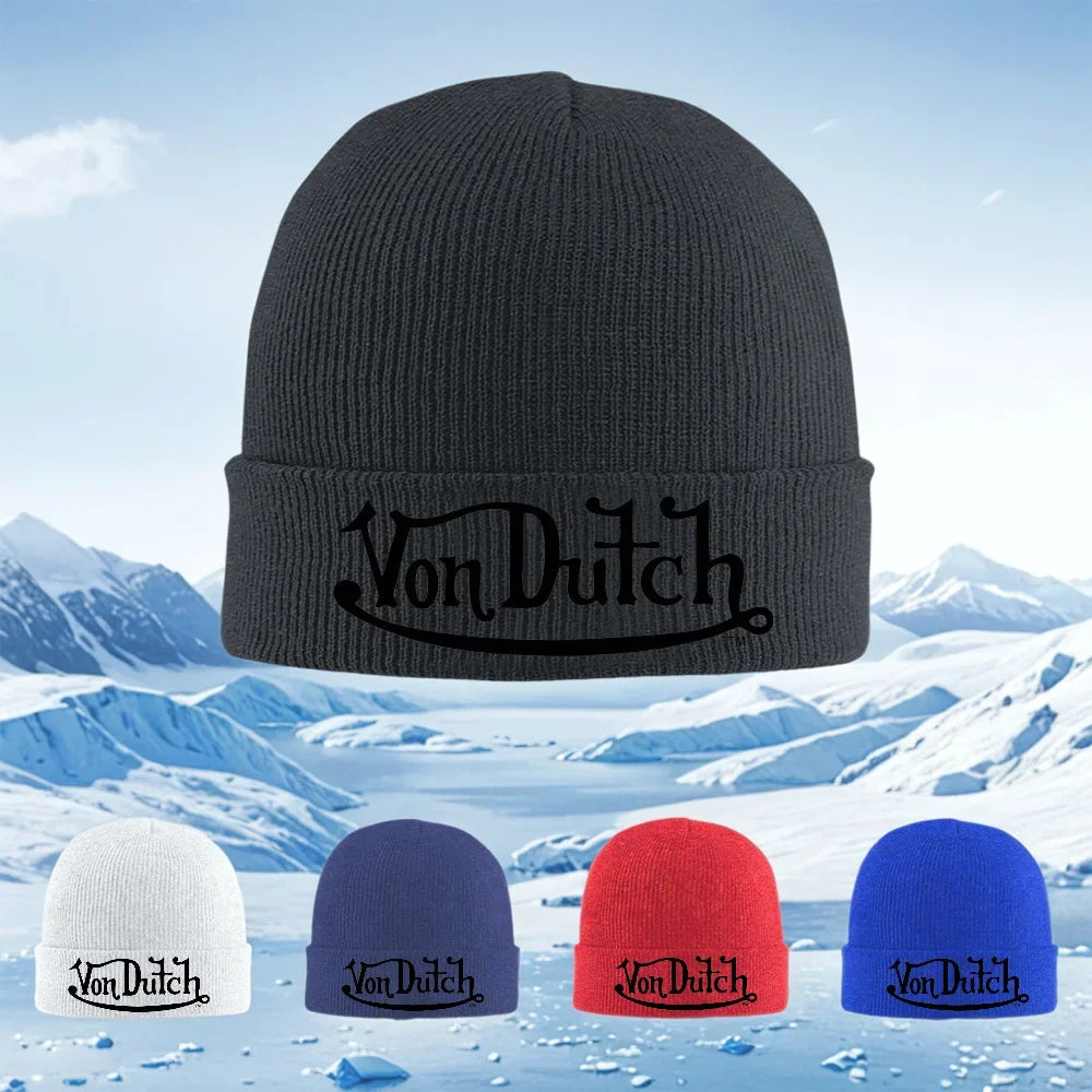 Von Dutch vintage logo design Men Women Unisex Knitted Hat Beanie Pullover Cap Winter Thermal Warm Christmas Outdoor Cycling Hik