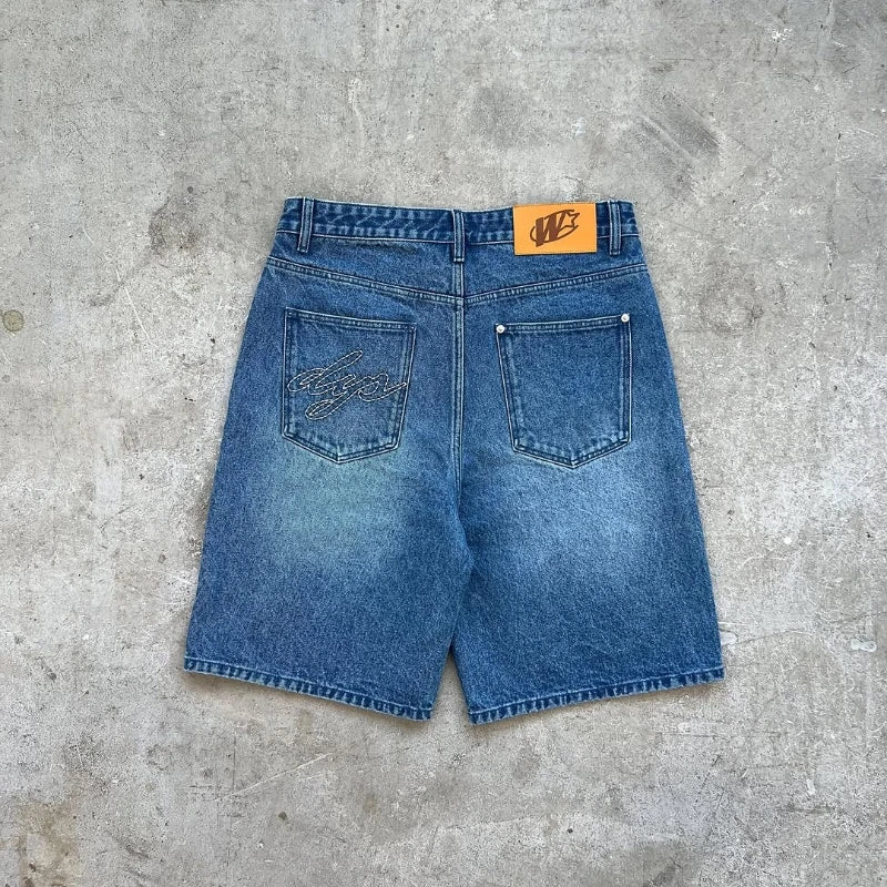 Y2K Baggy Denim Shorts Retro Embroidered Letter Striped Graphic Zipper Shorts Men Women Clothing Trendy Hip Hop Streetwear