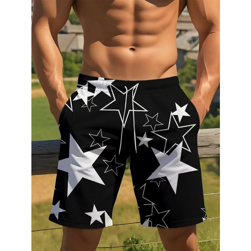 3D Print Colorful Letters Short Pants For Men Fun Geometry Star Pattern Swim Trunks Summer Quick Dry Loose Casual Beach Shorts