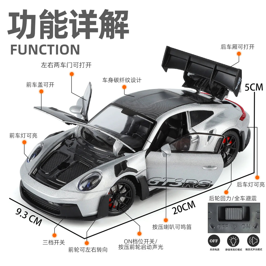 1:24 911 GT3 RS Sports Car  High Quality Alloy Car Model Sound and Light Pull Back Car Model Collectibles Birthday Gift
