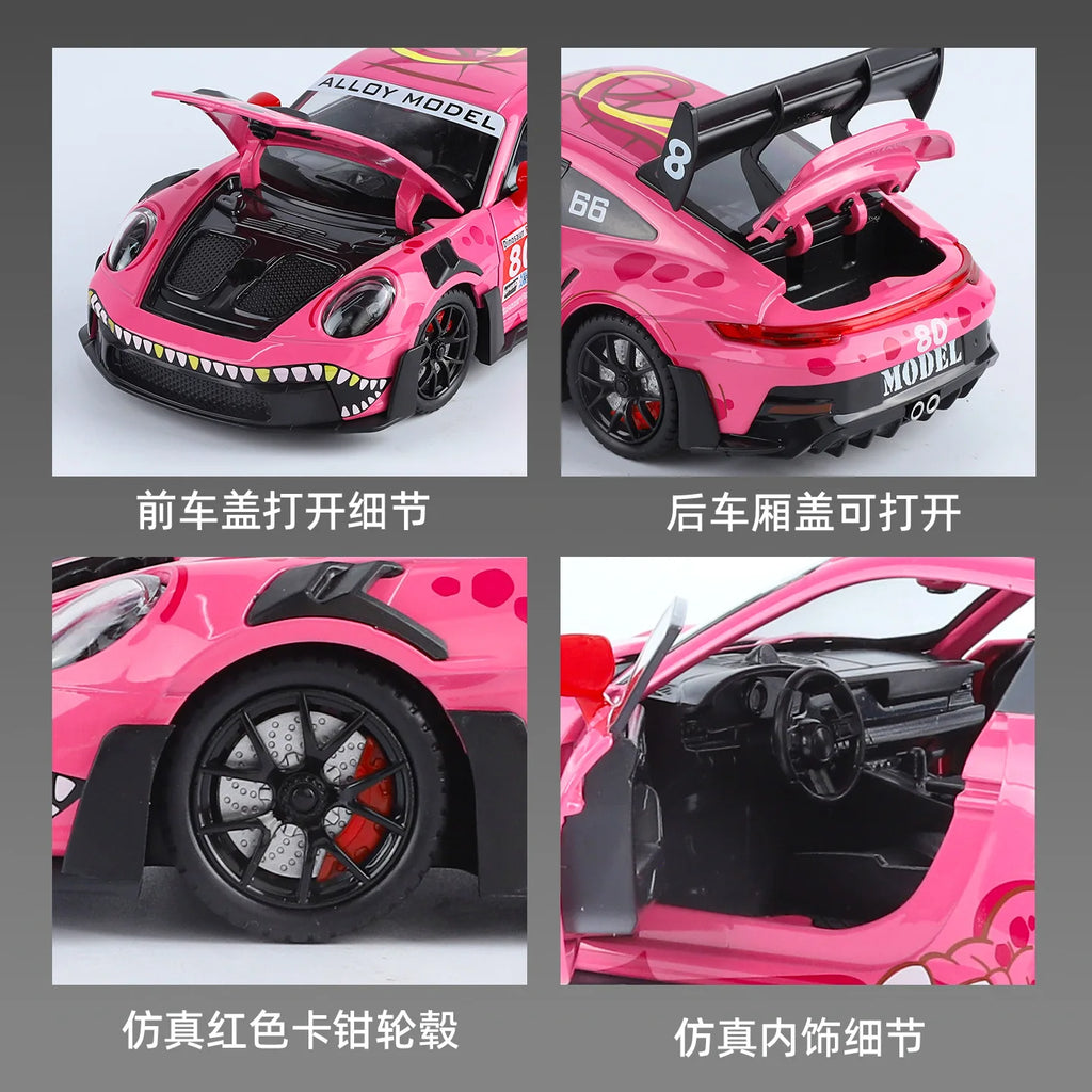11:24 911 GT3 RS Sports Car Model Alloy Diecast Toy Metal Vehicles Car Model Simulation Sound Light Collectible Kids Gifts