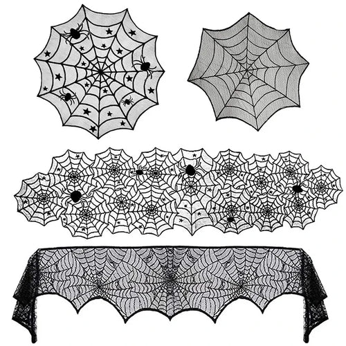 2025 Halloween Decoration Lace Spider Web Skeleton Skull Tablecloth Black Fireplace Mantel Scarf Event Party Supplies