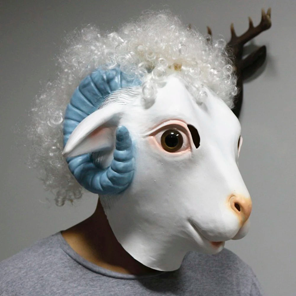 Sheep Mask Farm Lamb Ram Animal Latex Fancy Dress Up Halloween Adult Costume Mask