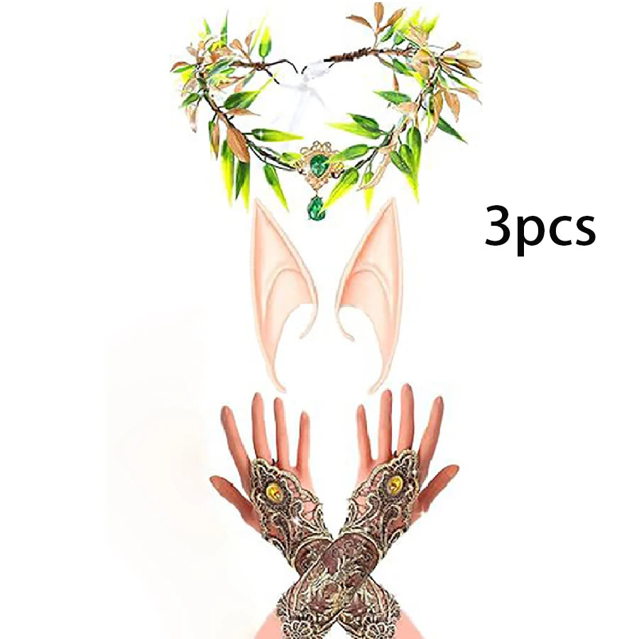 Halloween costume set, elf leaf wreath, elegant fairy queen costume, headband, elf ears, party role-playing, elf decoration