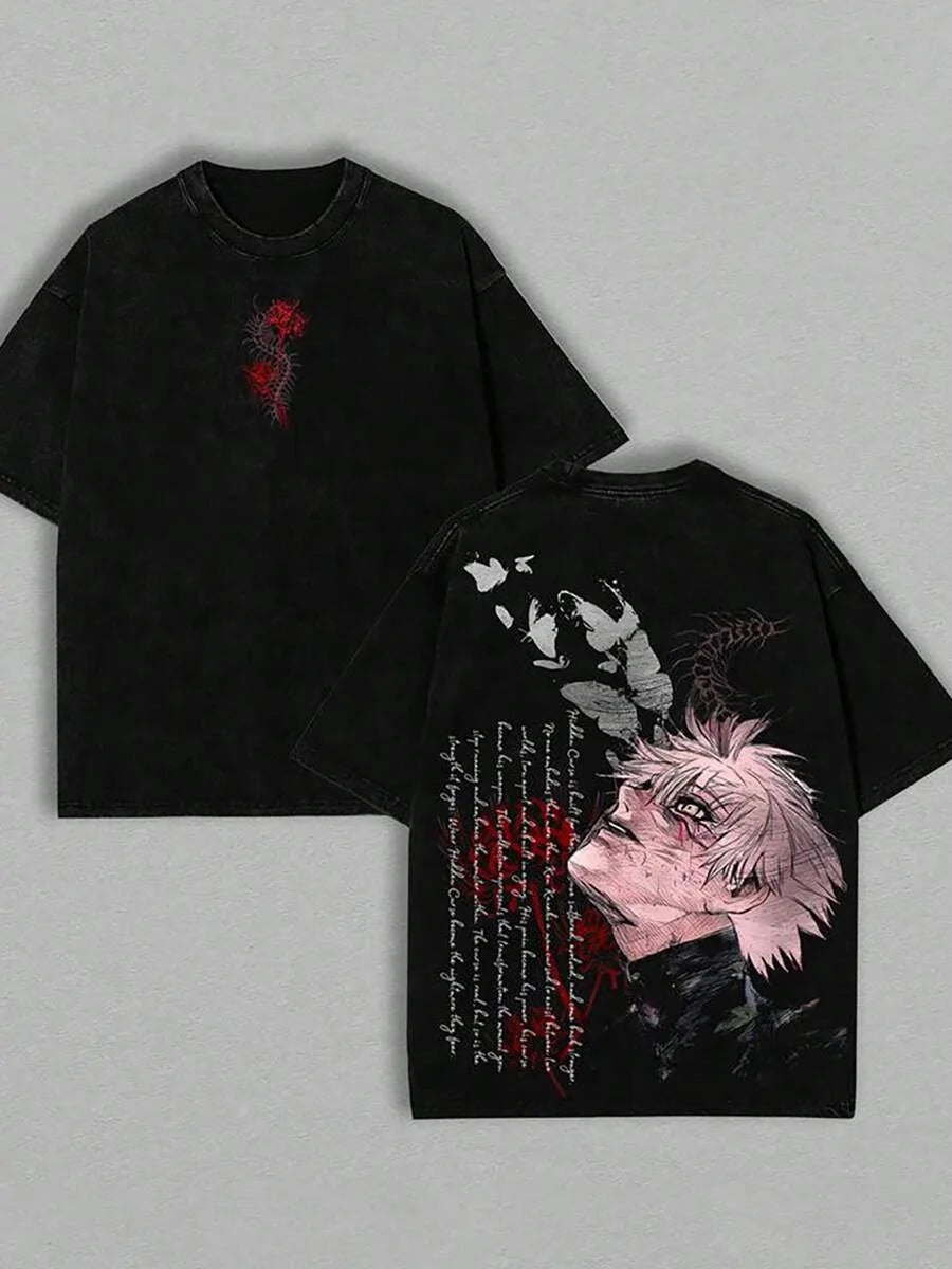 Kaneki Ken Graphic T-shirt Anime Tokyo Ghoul Clothing Men Short Sleeve Washed Tshirts Casual Cotton T Shirt Harajuku Retro Tops