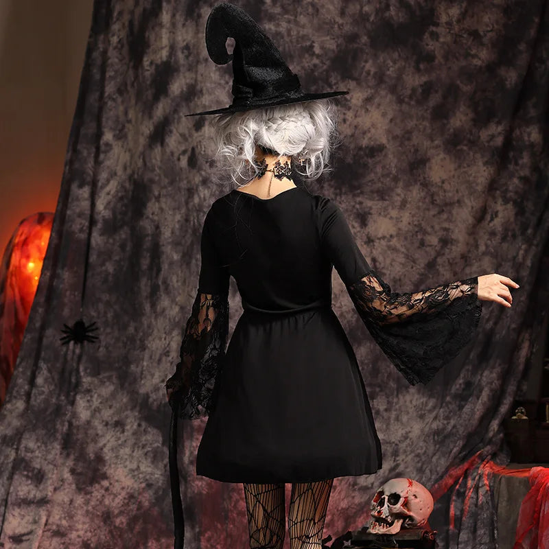 Gothic Lolita Costume for Women Halloween Witch Dress Hook Hat Dark Fantasy Sexy Long Sleeves Mesh Dress Hat Necklace 3pcs Set