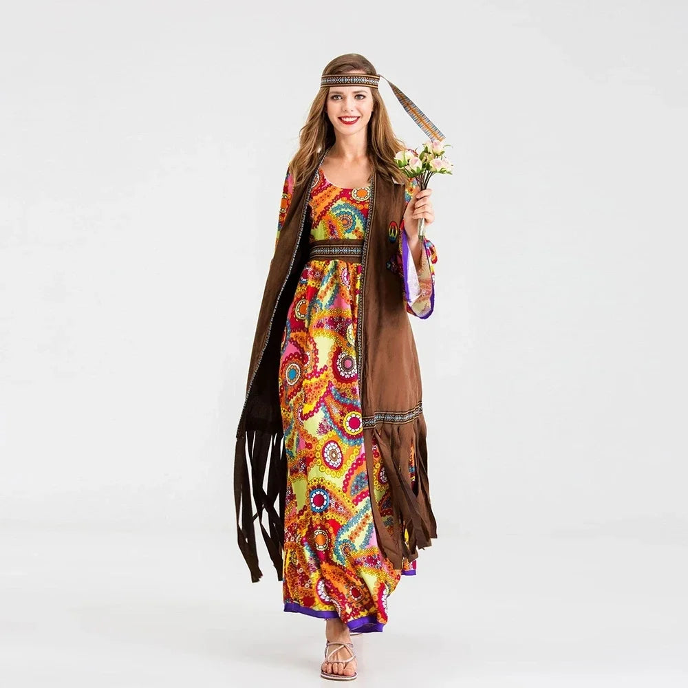 Fashion Women Halloween Adult Retro 60s 70s Hippie Costume Carnival Disguise Party Funky Disco Native Nightclub Cosplay Costume