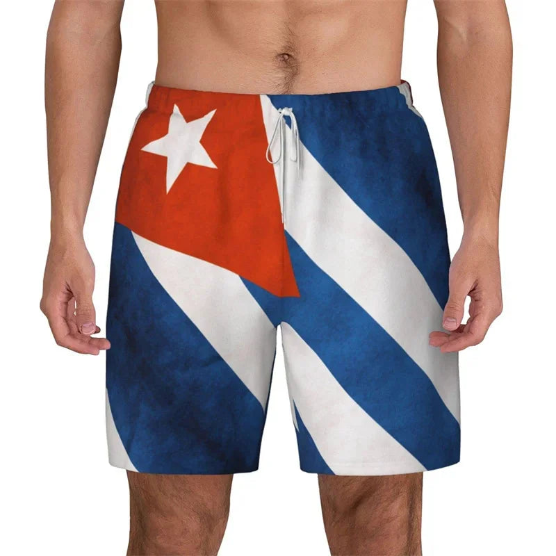 Cuban Flag 3D Printed Swim Trunks Men Cuba Pattern Beach Shorts Drawstring Quick Dry Street Loose Swimwear Surf Board Shorts