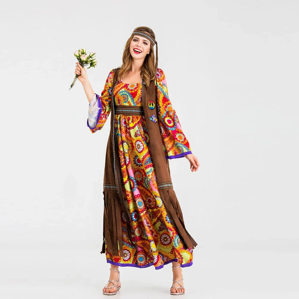 Fashion Women Halloween Adult Retro 60s 70s Hippie Costume Carnival Disguise Party Funky Disco Native Nightclub Cosplay Costume