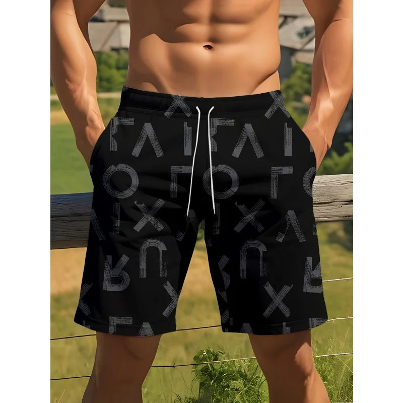 3D Print Colorful Letters Short Pants For Men Fun Geometry Star Pattern Swim Trunks Summer Quick Dry Loose Casual Beach Shorts