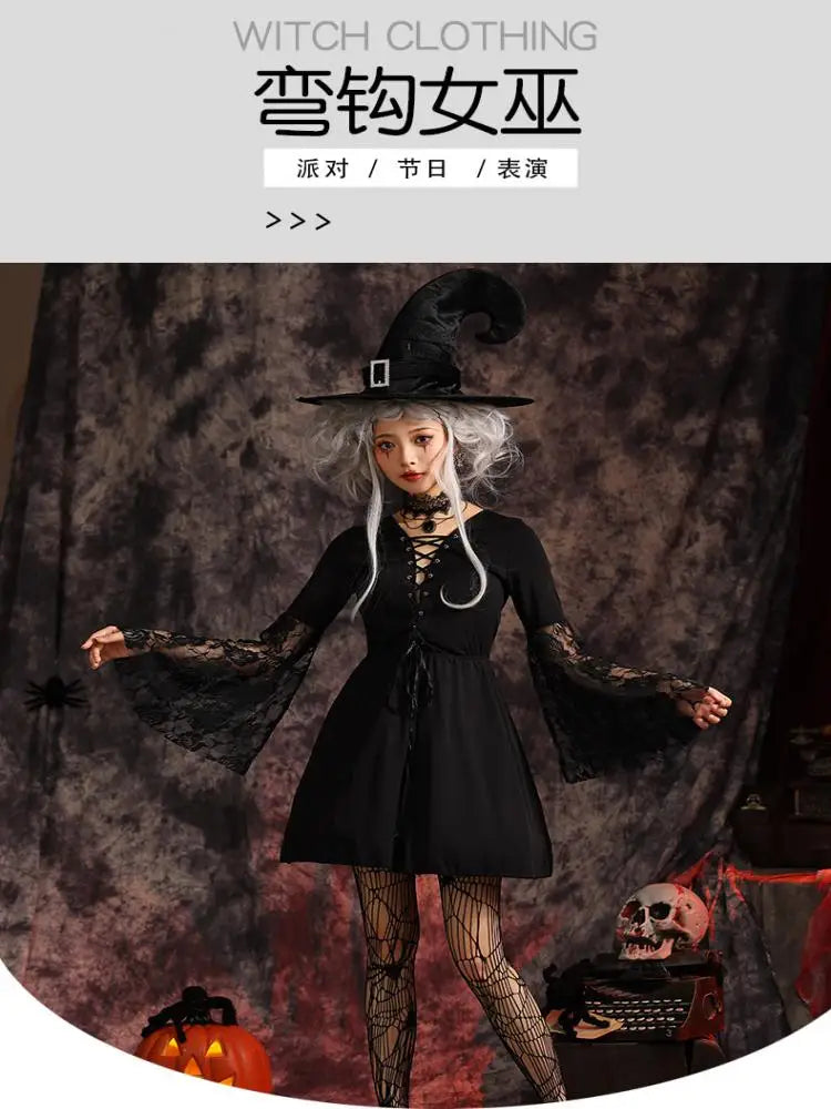 Gothic Lolita Costume for Women Halloween Witch Dress Hook Hat Dark Fantasy Sexy Long Sleeves Mesh Dress Hat Necklace 3pcs Set