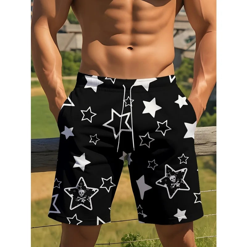 3D Print Colorful Letters Short Pants For Men Fun Geometry Star Pattern Swim Trunks Summer Quick Dry Loose Casual Beach Shorts