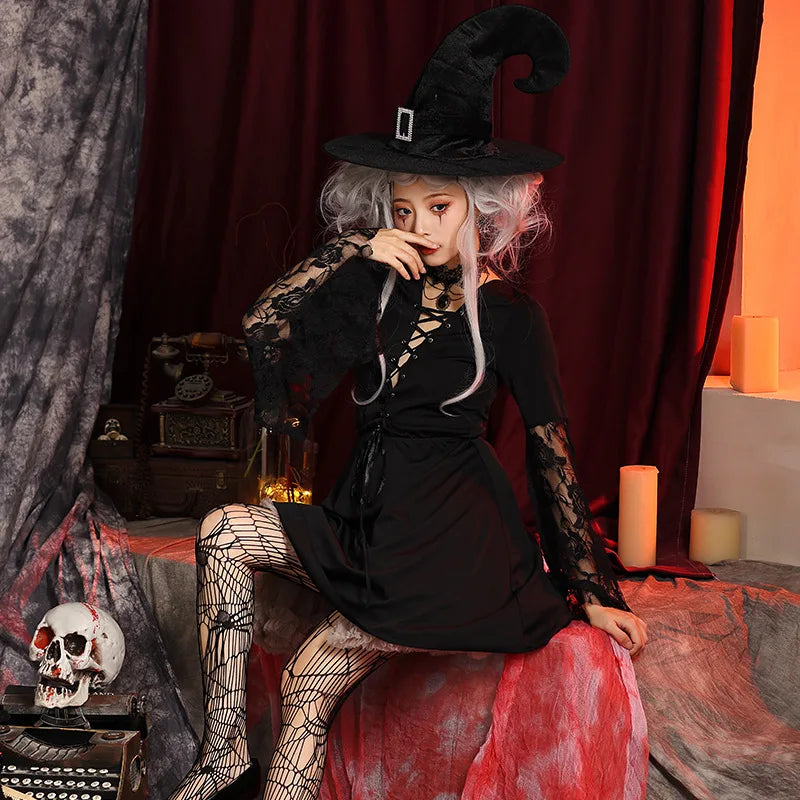 Gothic Lolita Costume for Women Halloween Witch Dress Hook Hat Dark Fantasy Sexy Long Sleeves Mesh Dress Hat Necklace 3pcs Set