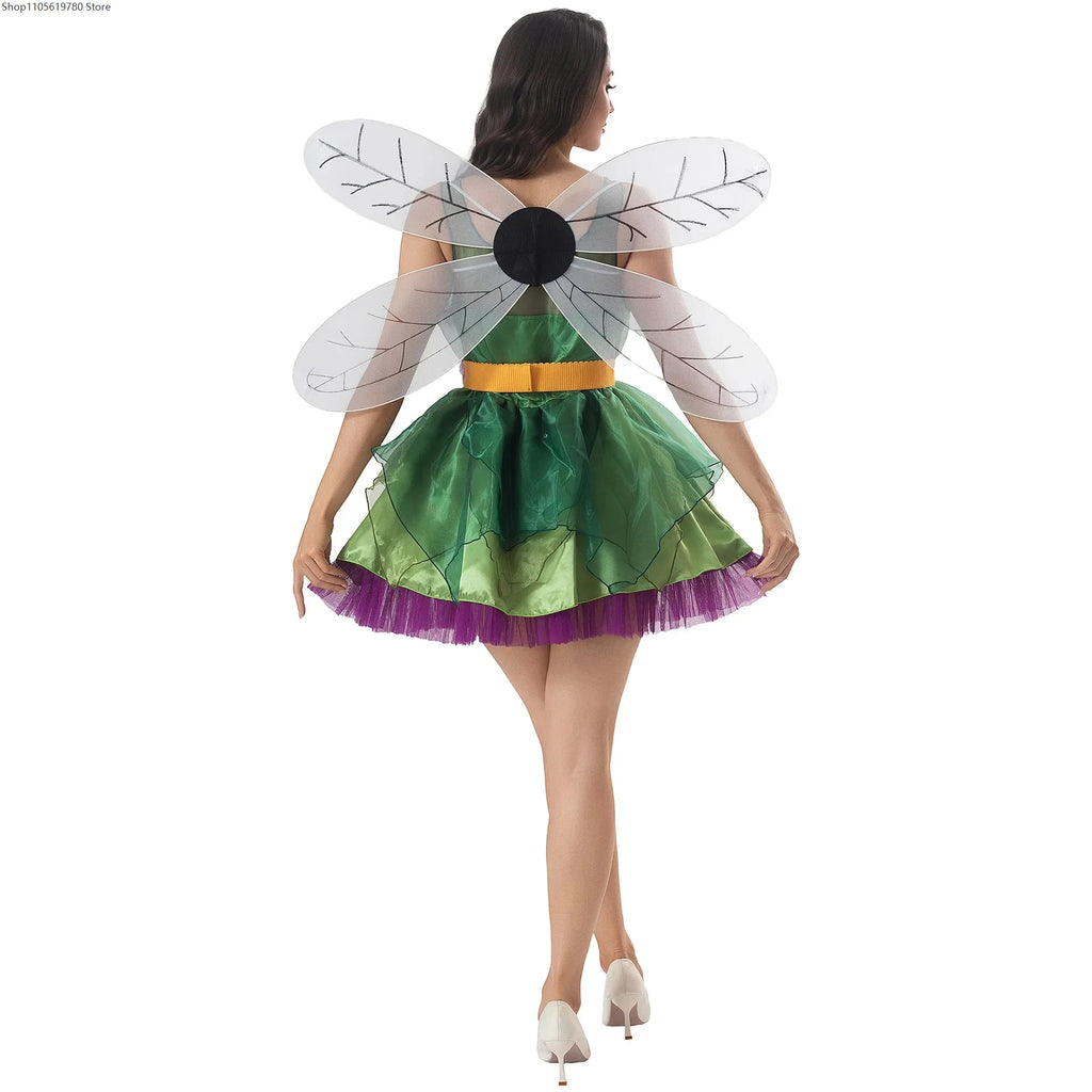 Adult Green Forest Fairy Costume Halloween Cosplay Elf Angel Fancy Dress Women Roleplay Carnival Stage Party Performance Outfit