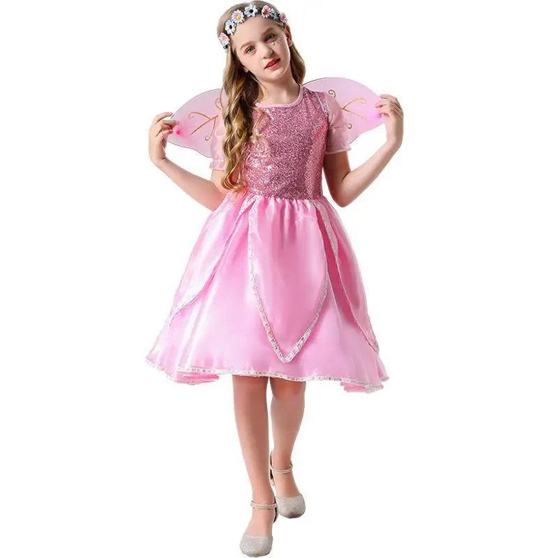 Halloween Fantasy Fairy Cosplay Costume EnfantPink Sequin Skirt Butterfly Wings Elf Princess Uniform Birthday Party Dress
