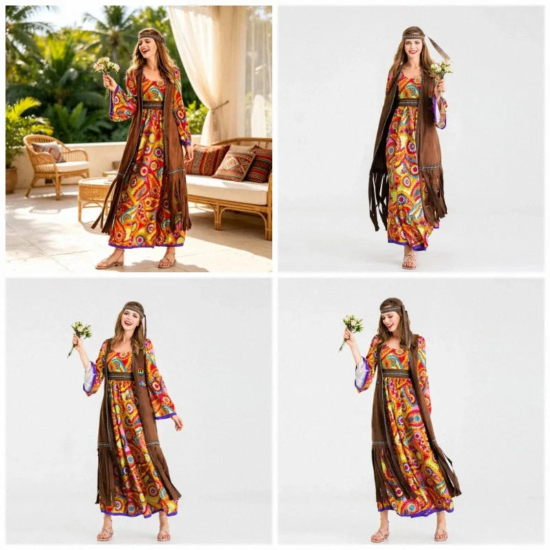 Fashion Women Halloween Adult Retro 60s 70s Hippie Costume Carnival Disguise Party Funky Disco Native Nightclub Cosplay Costume