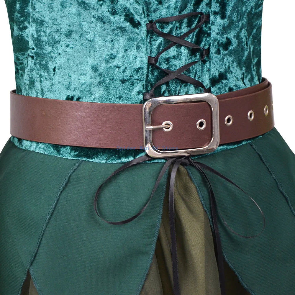 Women's Elf Medieval Green Fairy Dress Magical Elf Dress and Belt with Wings Halloween Cosplay Costumes Elf role-playing costume
