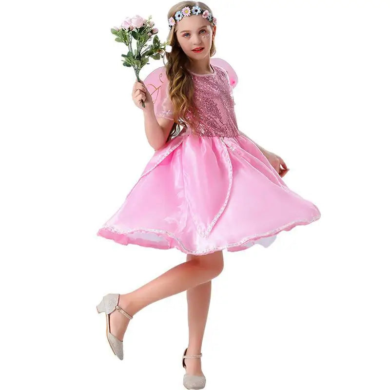 Halloween Fantasy Fairy Cosplay Costume EnfantPink Sequin Skirt Butterfly Wings Elf Princess Uniform Birthday Party Dress