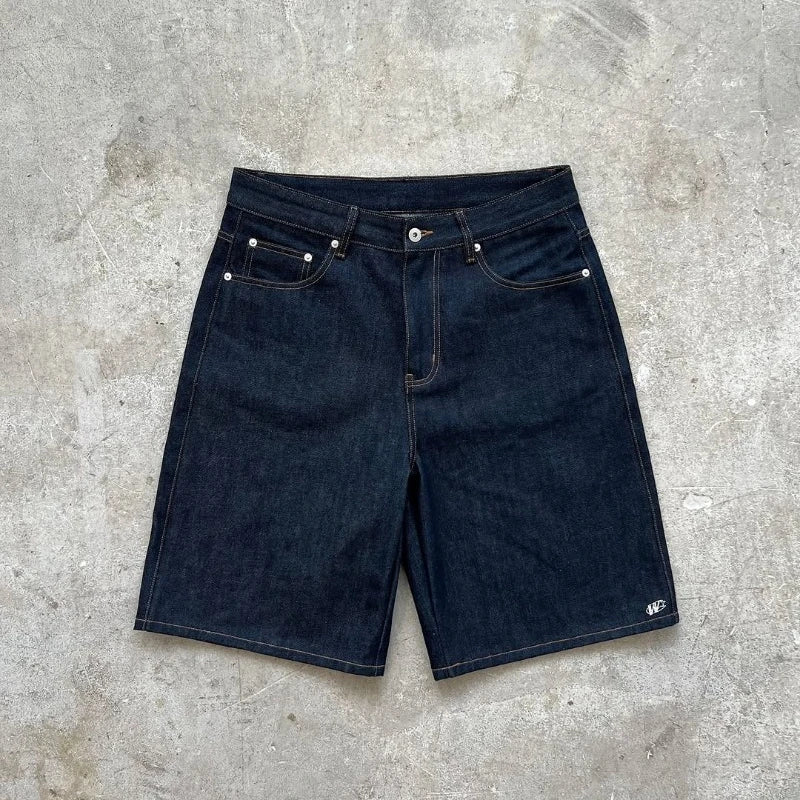 Y2K Baggy Denim Shorts Retro Embroidered Letter Striped Graphic Zipper Shorts Men Women Clothing Trendy Hip Hop Streetwear