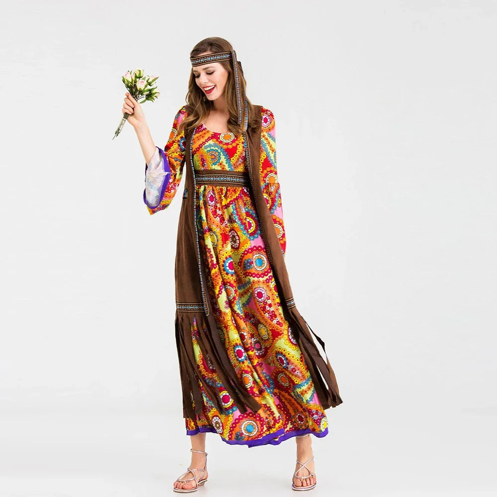 Fashion Women Halloween Adult Retro 60s 70s Hippie Costume Carnival Disguise Party Funky Disco Native Nightclub Cosplay Costume