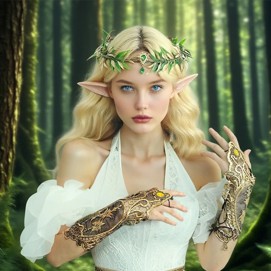 Halloween costume set, elf leaf wreath, elegant fairy queen costume, headband, elf ears, party role-playing, elf decoration