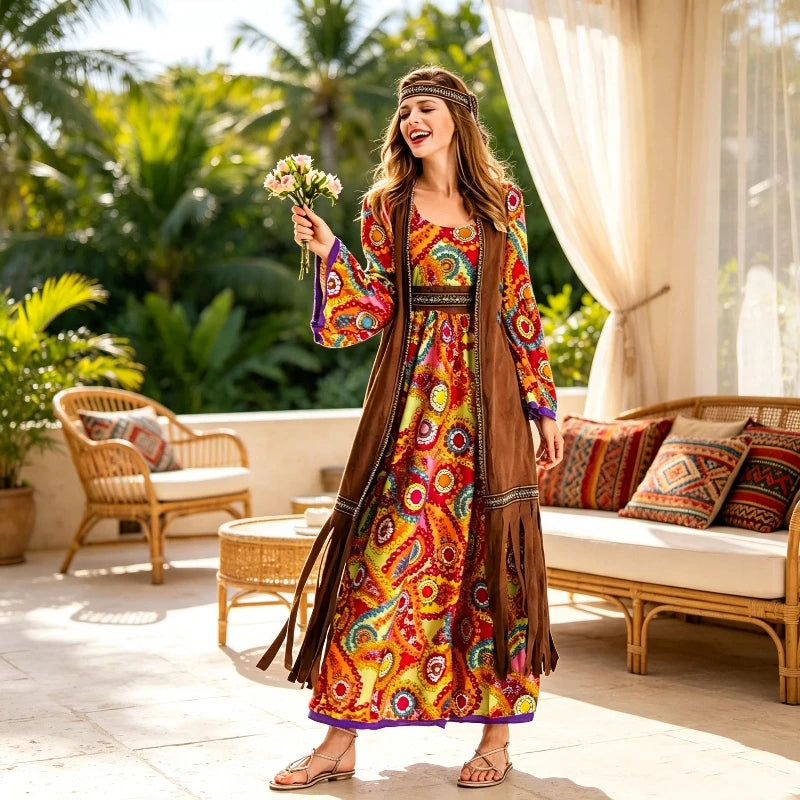 Fashion Women Halloween Adult Retro 60s 70s Hippie Costume Carnival Disguise Party Funky Disco Native Nightclub Cosplay Costume