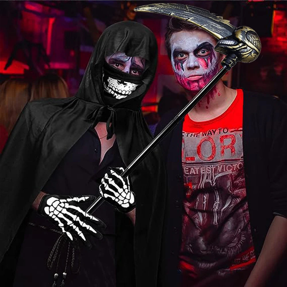 Scary Halloween Grim Reaper Costume Set Scythe Hooded Cape Skull Face Mask Gloves for Kids Adults Cosplay Halloween Party Props
