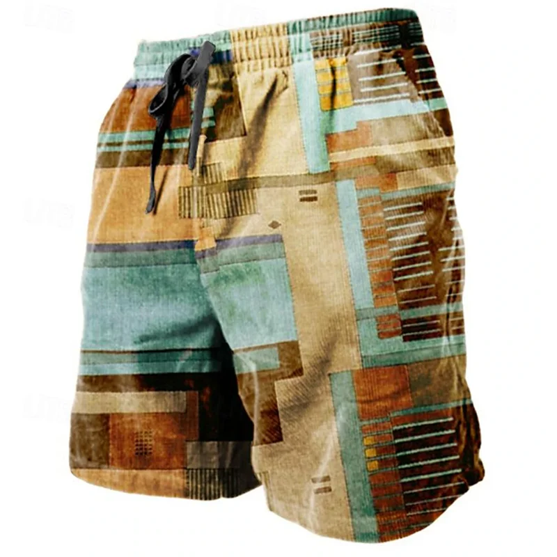 Vintage Patchwork Pattern Beach Short For Men Fashion Casual Summer 3D Fake Cloth Printed Short Pants Loose Street Swim Trunks