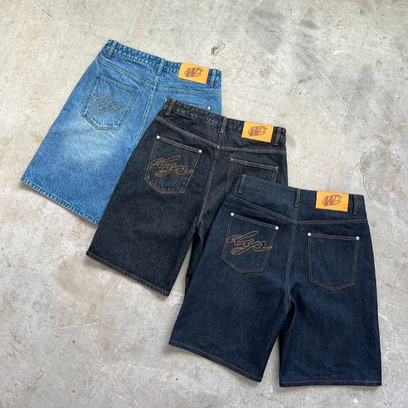 Y2K Baggy Denim Shorts Retro Embroidered Letter Striped Graphic Zipper Shorts Men Women Clothing Trendy Hip Hop Streetwear