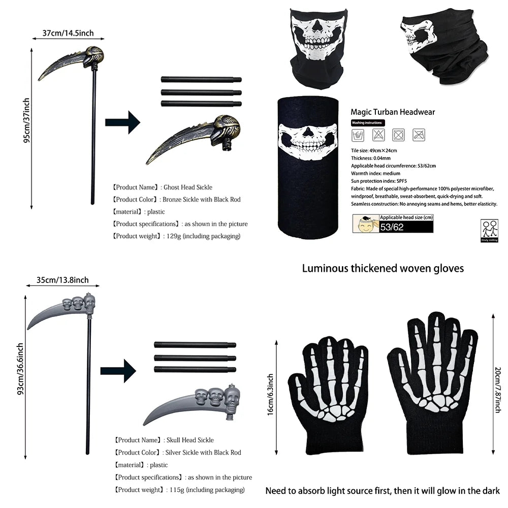 Scary Halloween Grim Reaper Costume Set Scythe Hooded Cape Skull Face Mask Gloves for Kids Adults Cosplay Halloween Party Props