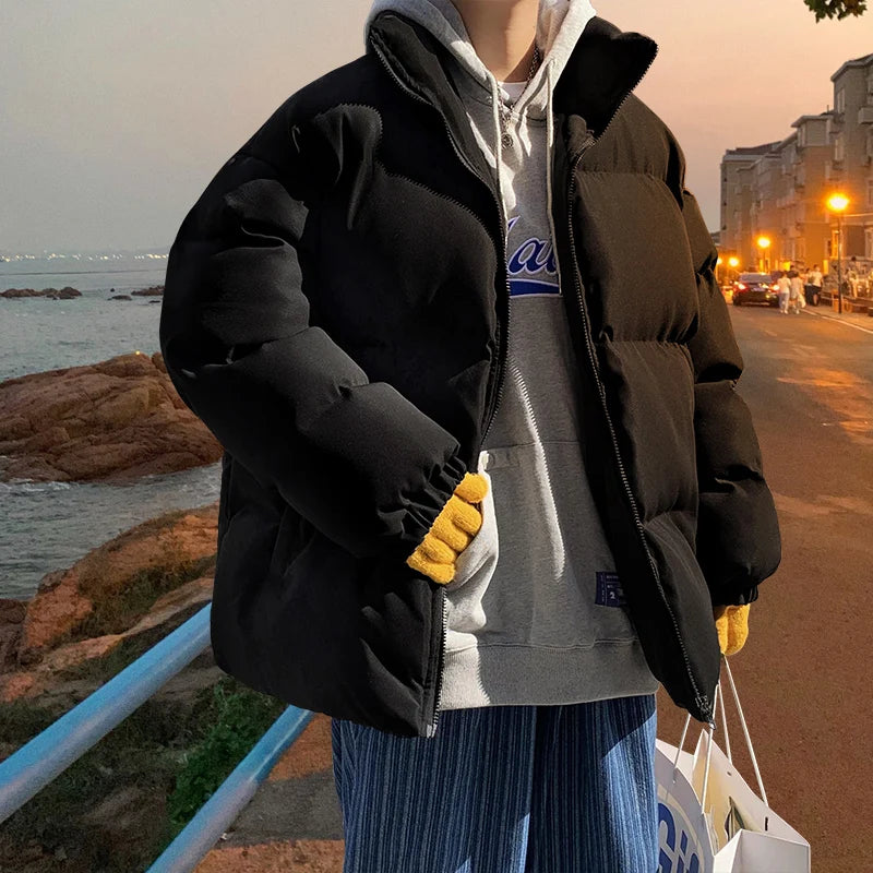 Streetwear Harajuku Warm Men's Winter Coat Solid Color Casual Parka Stand Collar Fashion Oversize Women's Winter Jacket