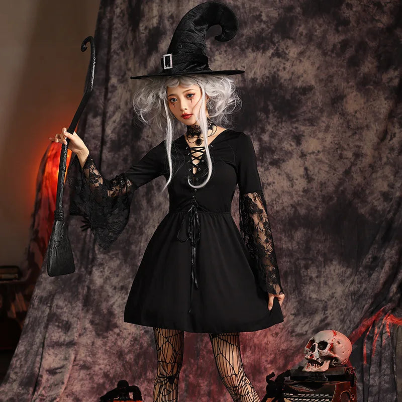Gothic Lolita Costume for Women Halloween Witch Dress Hook Hat Dark Fantasy Sexy Long Sleeves Mesh Dress Hat Necklace 3pcs Set