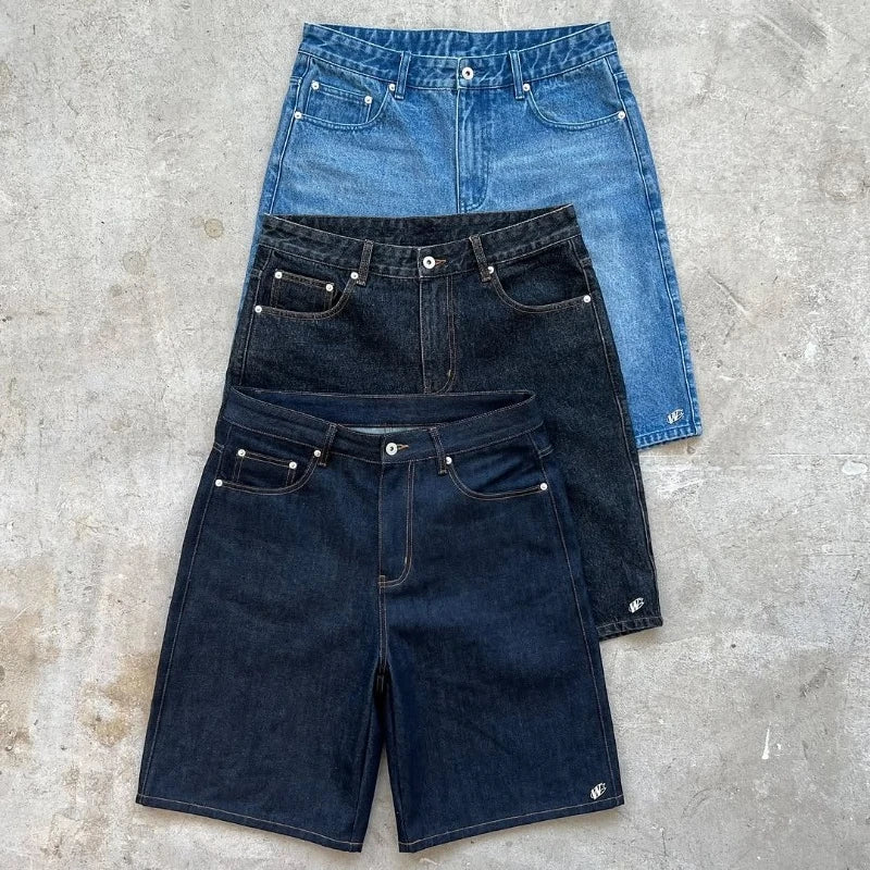Y2K Baggy Denim Shorts Retro Embroidered Letter Striped Graphic Zipper Shorts Men Women Clothing Trendy Hip Hop Streetwear