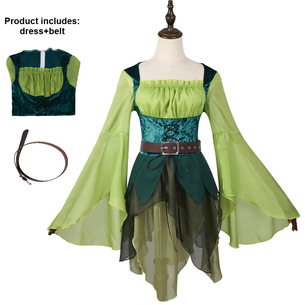 Women's Elf Medieval Green Fairy Dress Magical Elf Dress and Belt with Wings Halloween Cosplay Costumes Elf role-playing costume