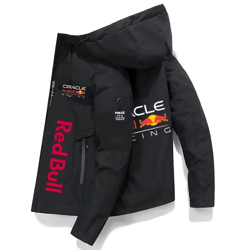 2026 Red Bull Racing Jacket for Men, Windproof Hooded Outdoor Sports Windbreaker, Casual Racing Style Jacket
