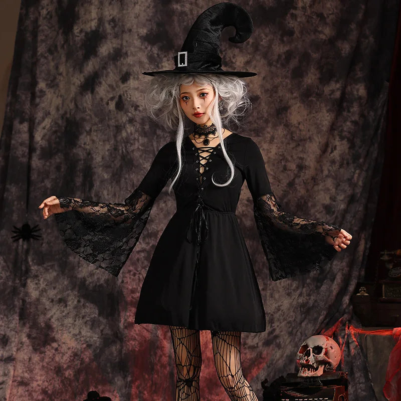 Gothic Lolita Costume for Women Halloween Witch Dress Hook Hat Dark Fantasy Sexy Long Sleeves Mesh Dress Hat Necklace 3pcs Set