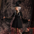 Gothic Lolita Costume for Women Halloween Witch Dress Hook Hat Dark Fantasy Sexy Long Sleeves Mesh Dress Hat Necklace 3pcs Set