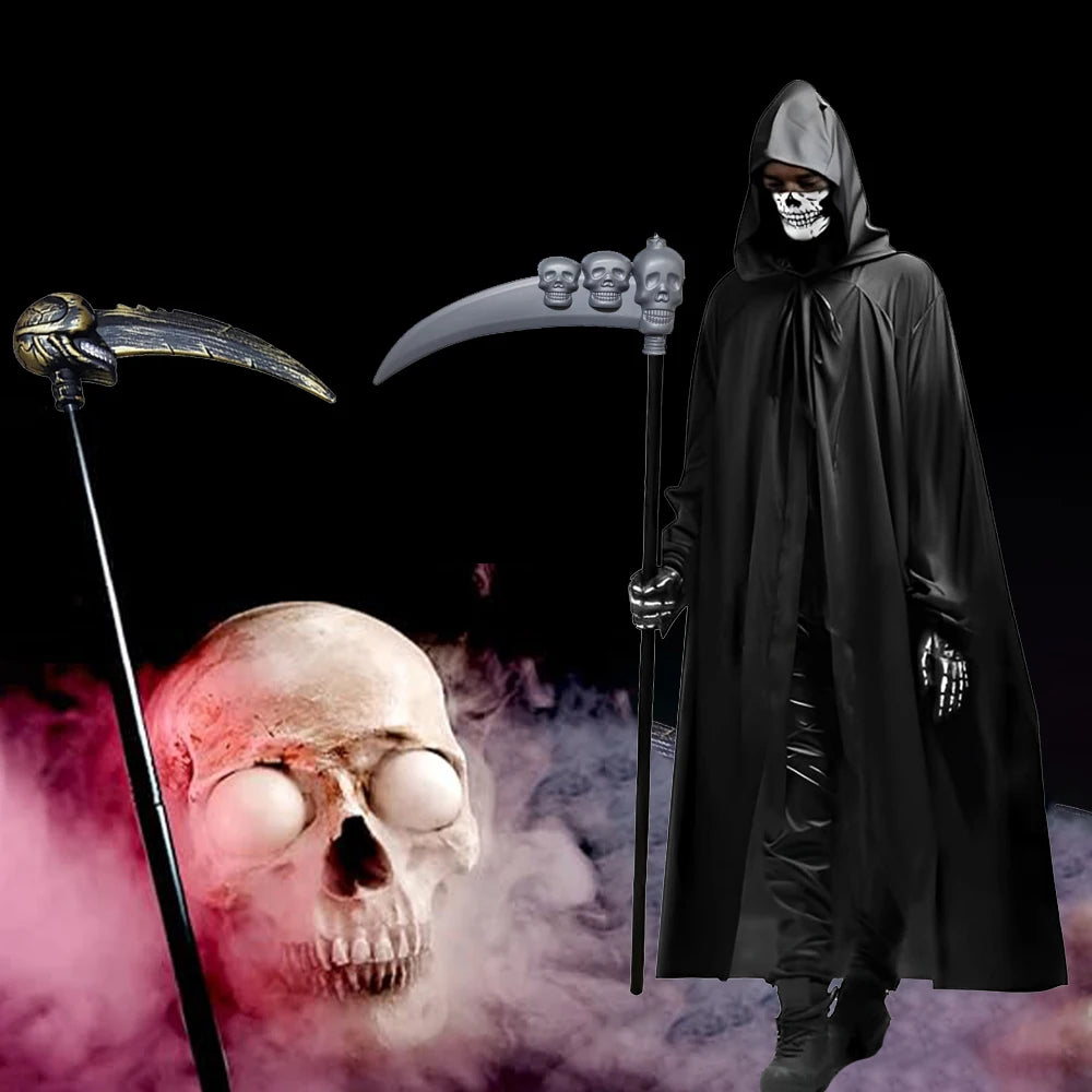 Scary Halloween Grim Reaper Costume Set Scythe Hooded Cape Skull Face Mask Gloves for Kids Adults Cosplay Halloween Party Props