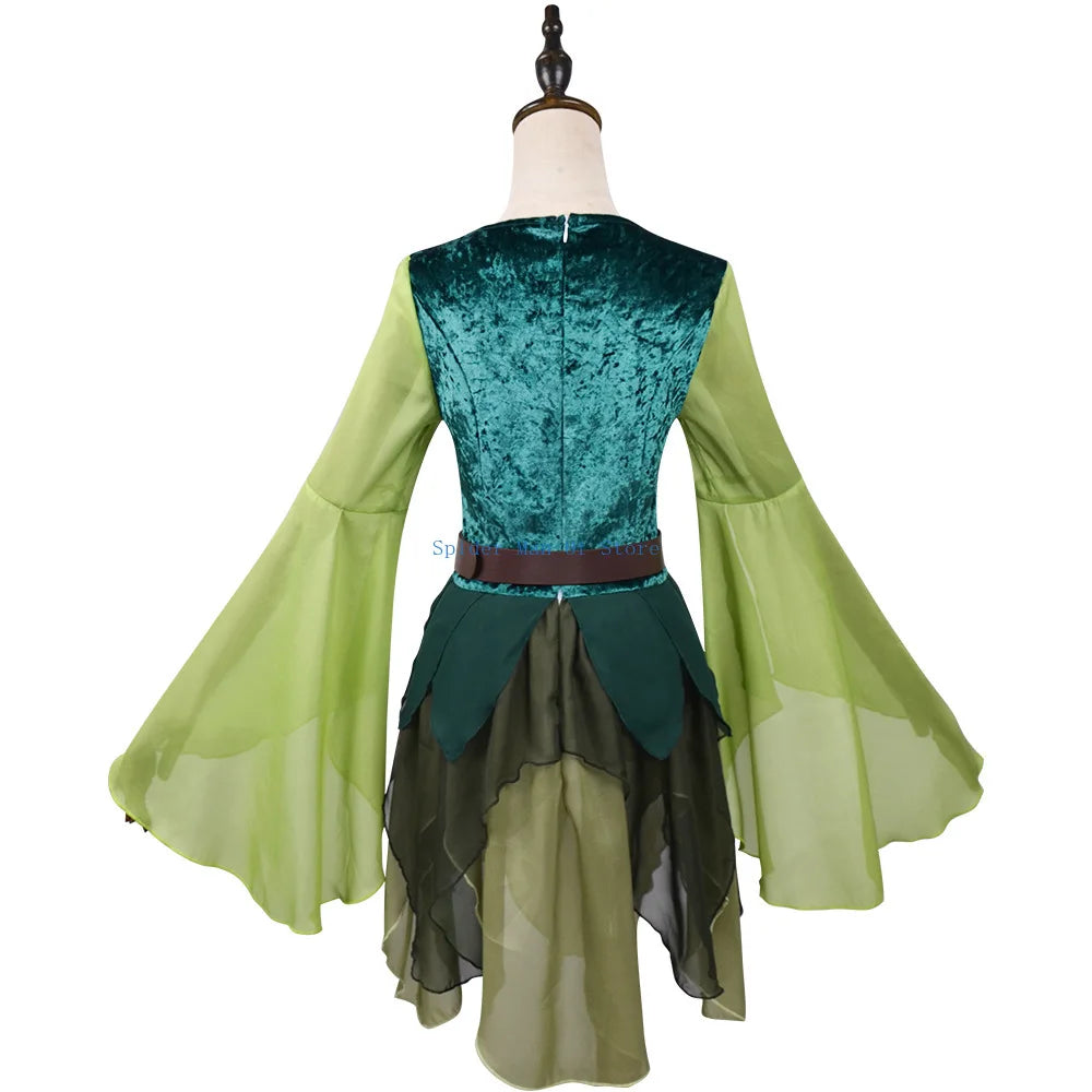 Women's Elf Medieval Green Fairy Dress Magical Elf Dress and Belt with Wings Halloween Cosplay Costumes Elf role-playing costume