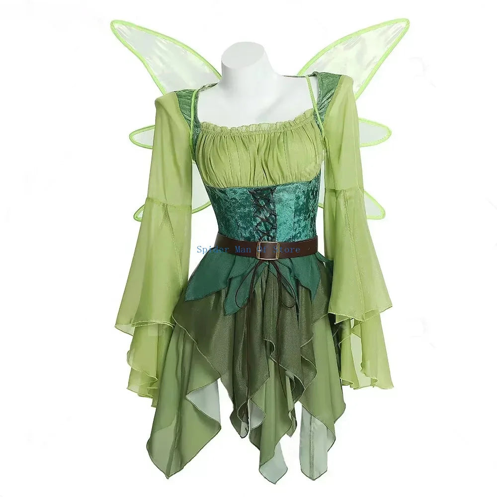 Women's Elf Medieval Green Fairy Dress Magical Elf Dress and Belt with Wings Halloween Cosplay Costumes Elf role-playing costume