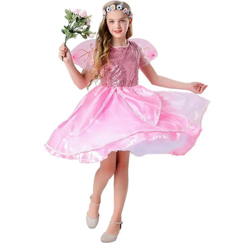 Halloween Fantasy Fairy Cosplay Costume EnfantPink Sequin Skirt Butterfly Wings Elf Princess Uniform Birthday Party Dress