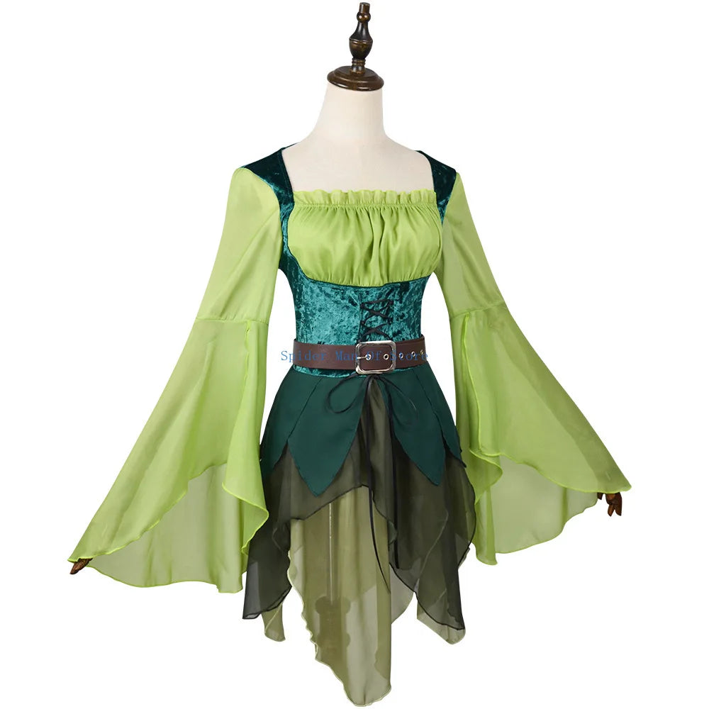 Women's Elf Medieval Green Fairy Dress Magical Elf Dress and Belt with Wings Halloween Cosplay Costumes Elf role-playing costume