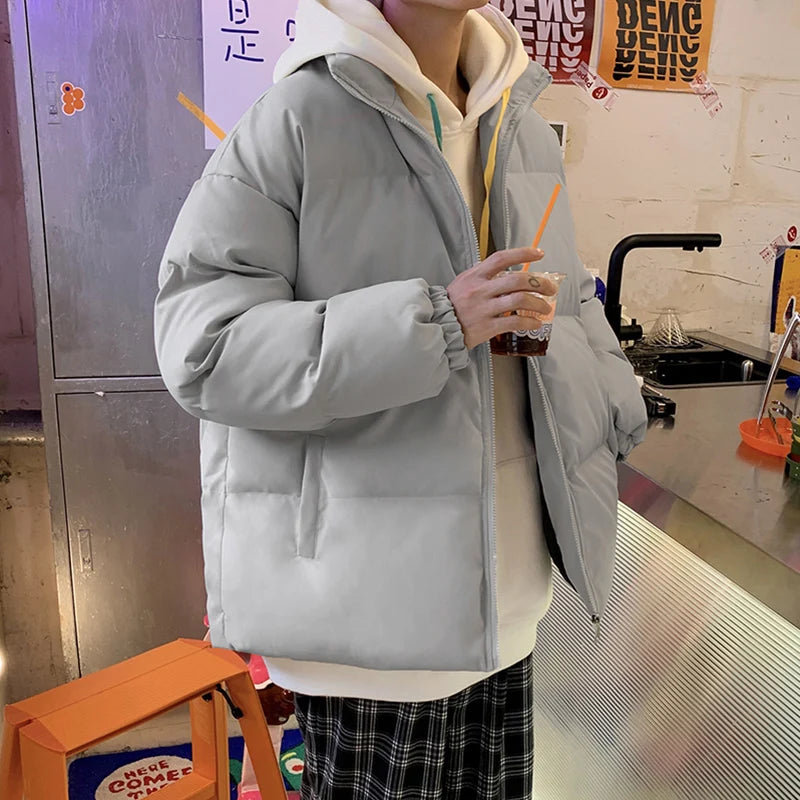 Streetwear Harajuku Warm Men's Winter Coat Solid Color Casual Parka Stand Collar Fashion Oversize Women's Winter Jacket